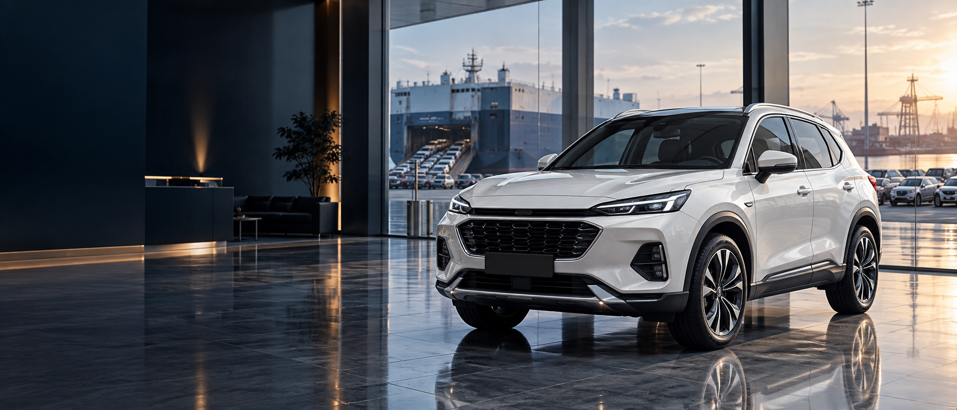 Premium imported vehicle in a modern delivery showroom
